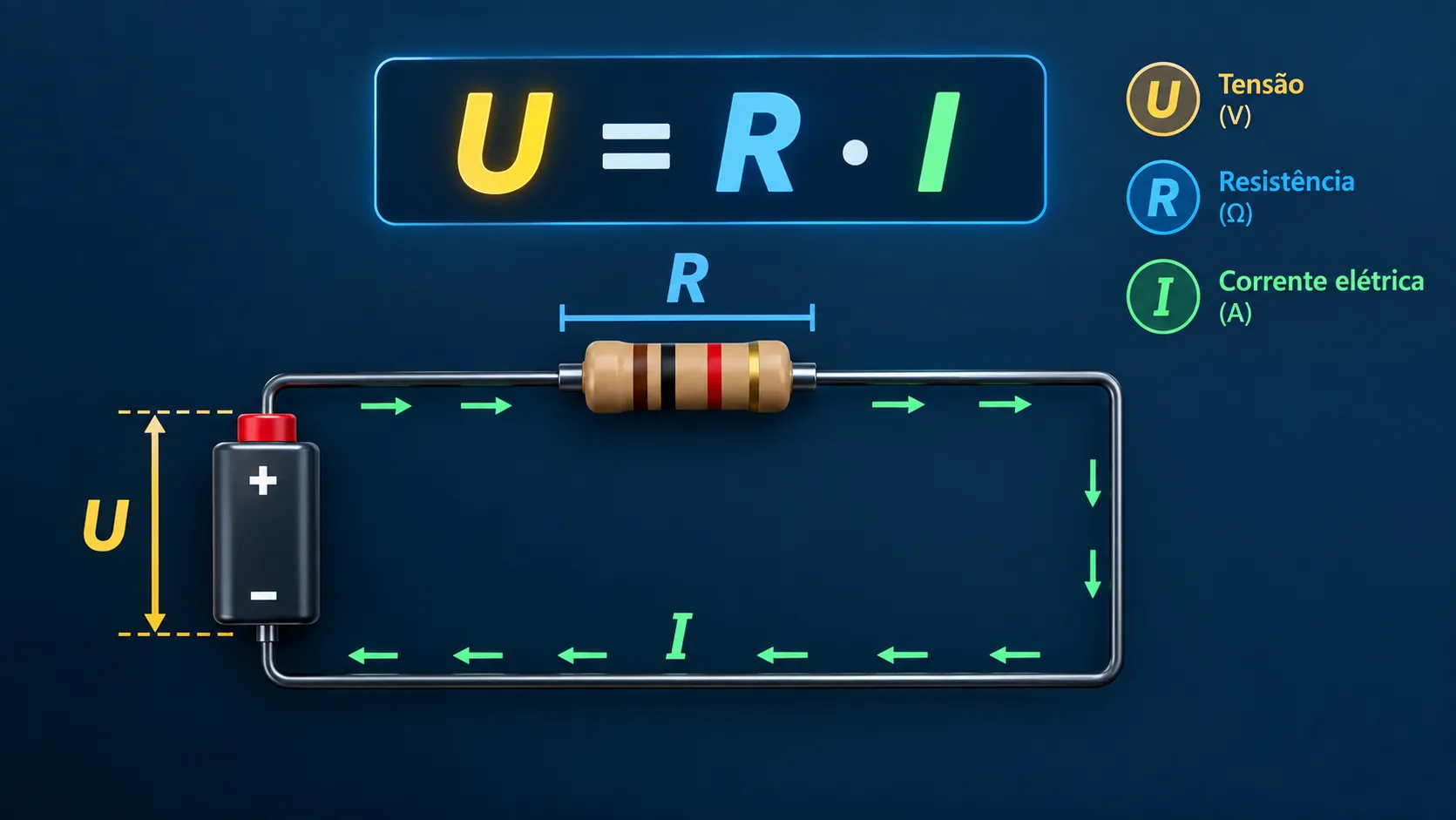 Lei de Ohm U igual a R vezes I com tensão resistência e corrente elétrica