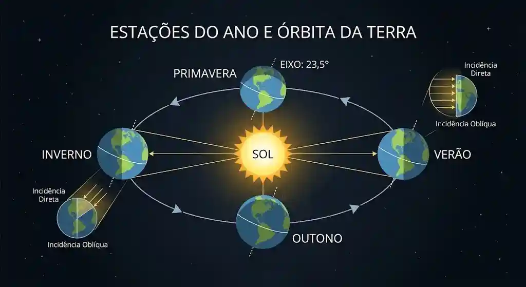 Diagrama das estações do ano mostrando a Terra inclinada em sua órbita ao redor do Sol